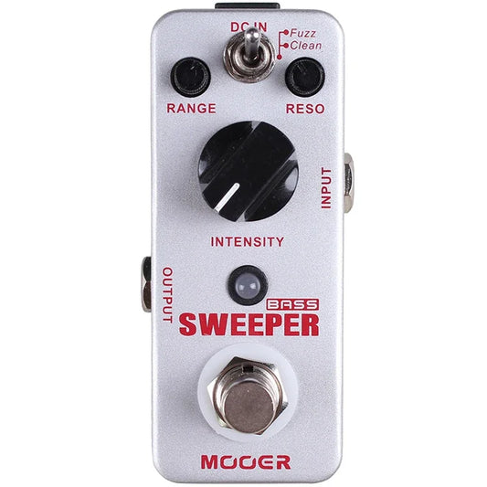 Silver mooer envelope filter effect pedal bass with black knobs and red lettering for electric bass guitar use