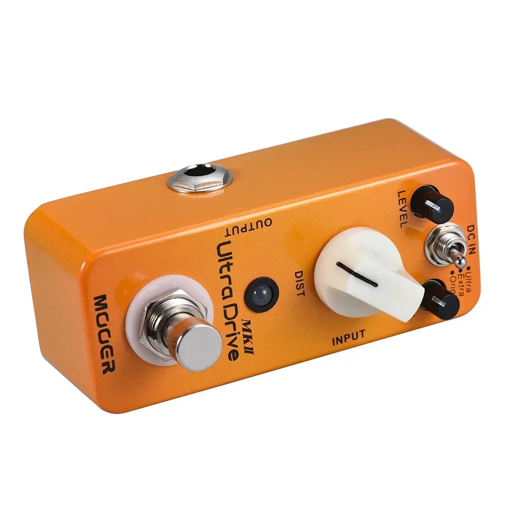 Orange mooer ultra drive mkii pedal distortion synthesizer with white knob black switches and silver metal jacks