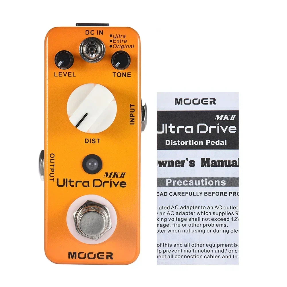 Vibrant orange mooer ultra drive mkii pedal distortion synthesizer with white knobs and silver metal footswitch full metal shell