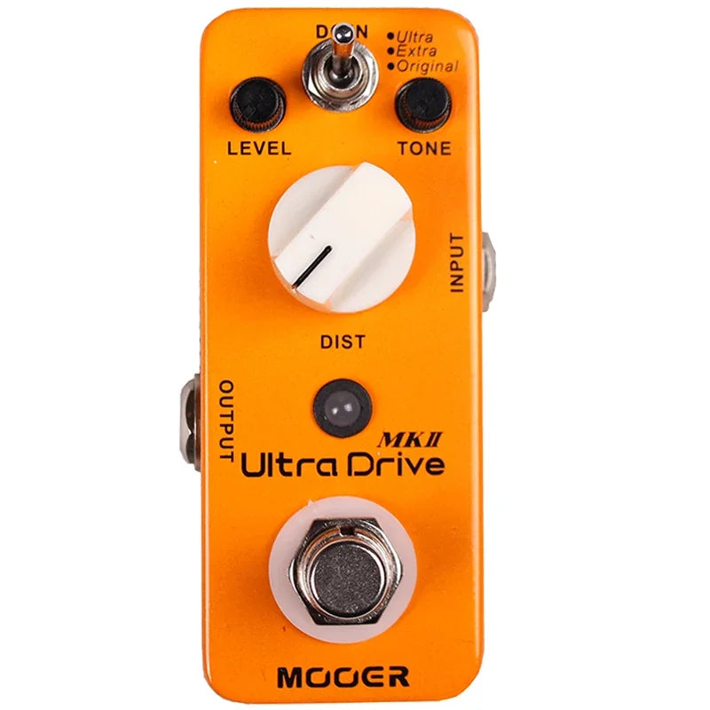 Vibrant orange mooer ultra drive mkii pedal distortion synthesizer with white knobs and silver metal footswitch