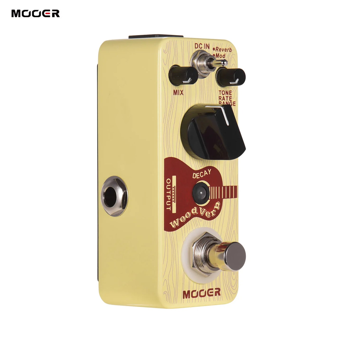 Cream-colored mooer woodverb acoustic guitar reverb pedal with wood-grain finish black knobs and three reverb modes