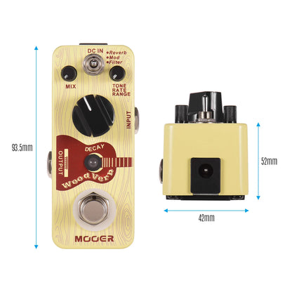 Cream-colored woodverb acoustic guitar reverb pedal with wood grain texture black knobs and three reverb modes and inch monaural jack
