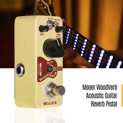Cream-colored wooden-grain mooer woodverb acoustic guitar reverb pedal with black knobs features three reverb modes and inch monaural jack
