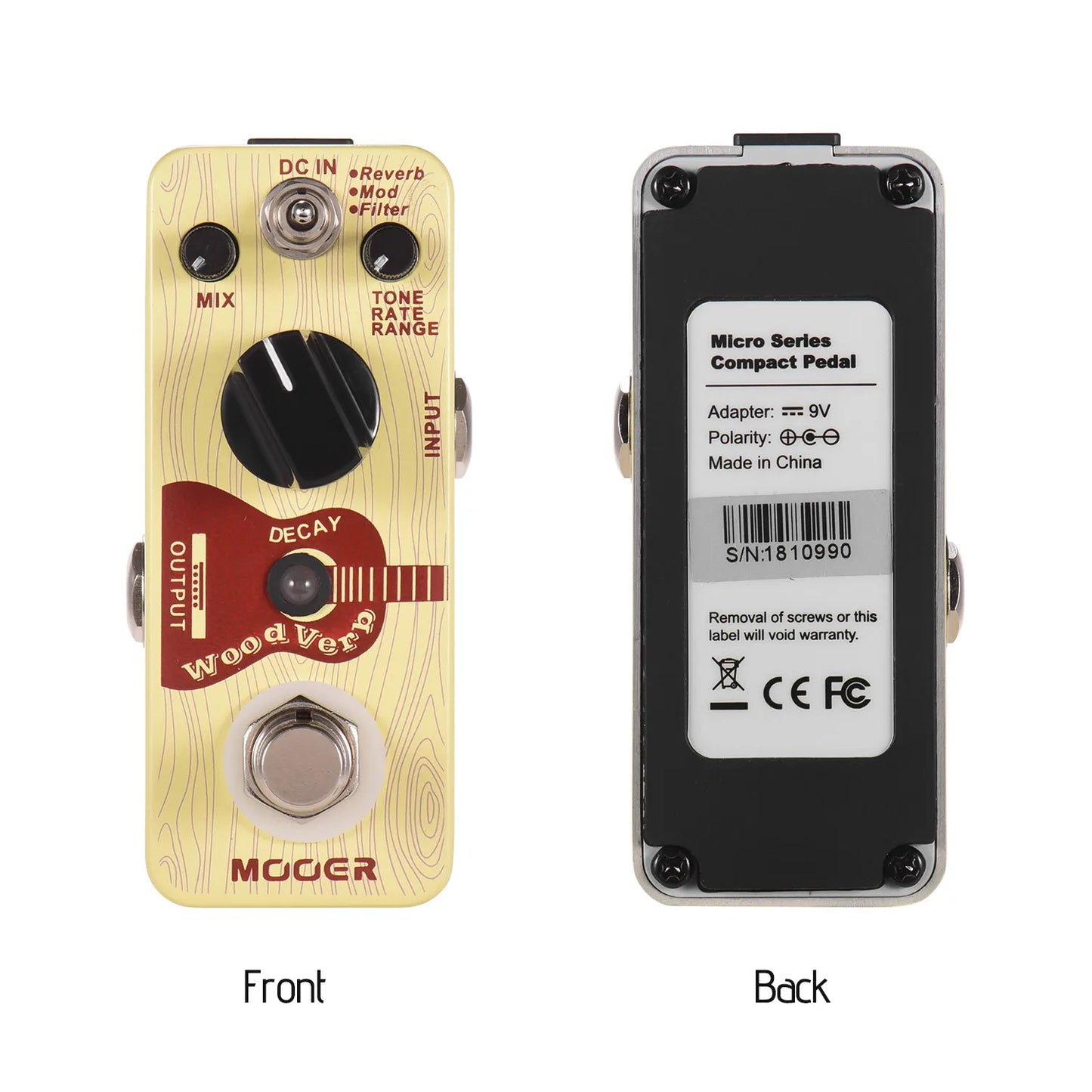 Gold wood-grain finish mooer woodverb acoustic guitar reverb pedal with three reverb modes and inch monaural jack input
