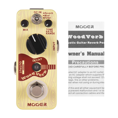 Mooer woodverb reverb pedal with light wood-grain finish red acoustic guitar graphic three reverb modes inch monaural jack