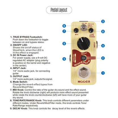 Wooden-effect mooer woodverb acoustic guitar reverb pedal with three reverb modes and inch monaural jack compact design