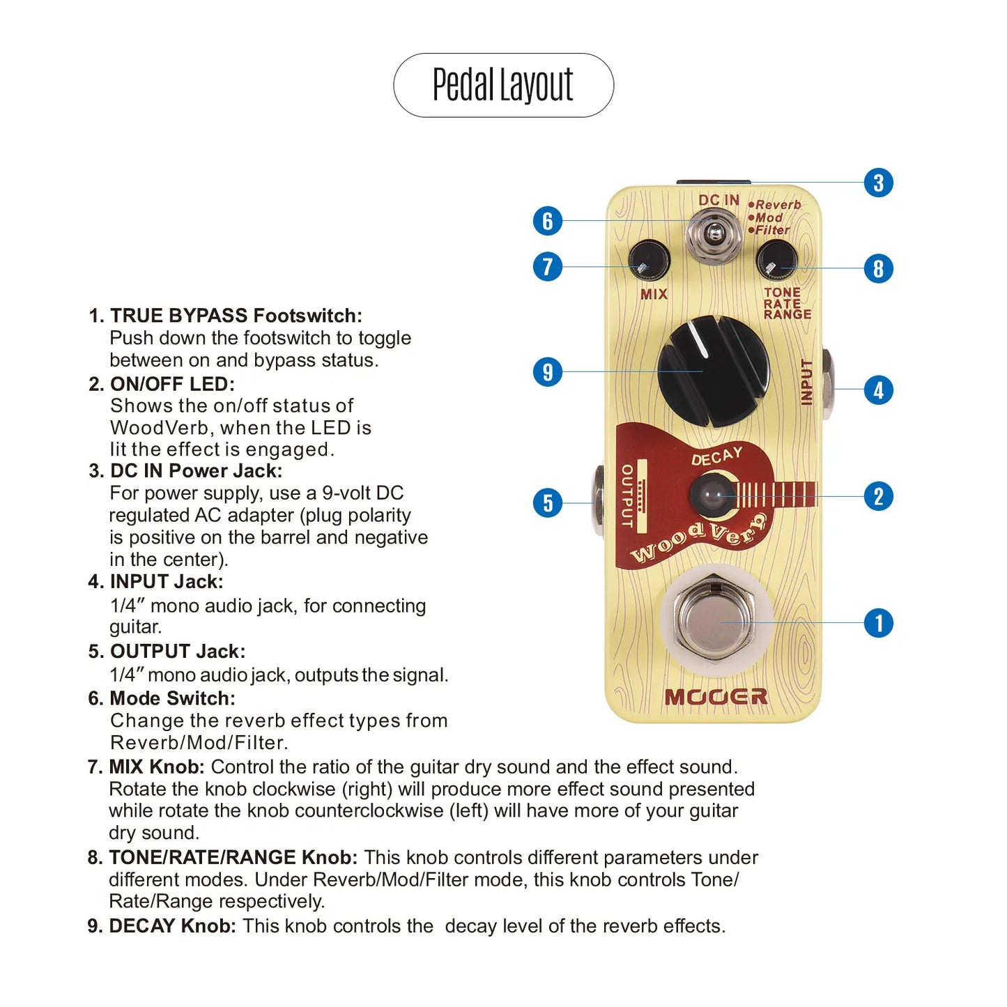 Woodverb mooer woodverb acoustic guitar reverb pedal with wooden finish red label three reverb modes inch monaural jack