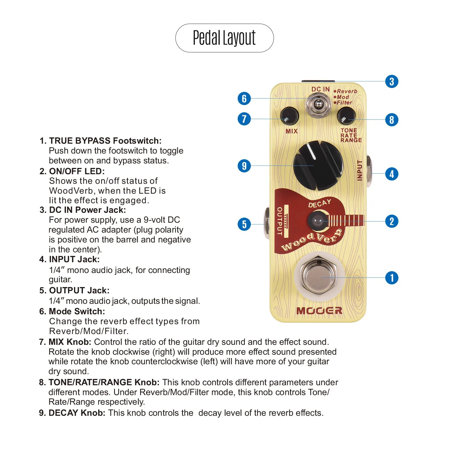 Woodverb mooer woodverb acoustic guitar reverb pedal with wooden finish red label three reverb modes inch monaural jack