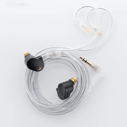Moondrop chu ii black in-ear monitors with gold accents and silver braided earphone iems interchangeable cable