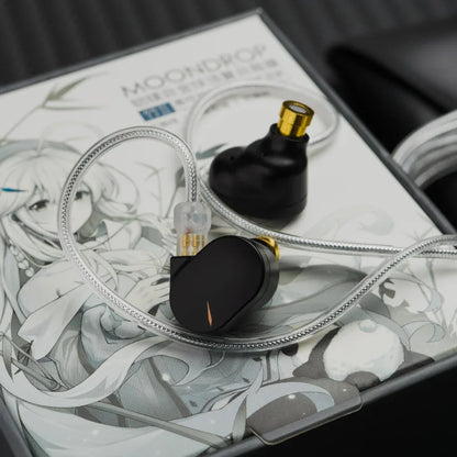 Black moondrop chu ii earphone iems with alloy composite diaphragm gold accents and silver braided interchangeable cable