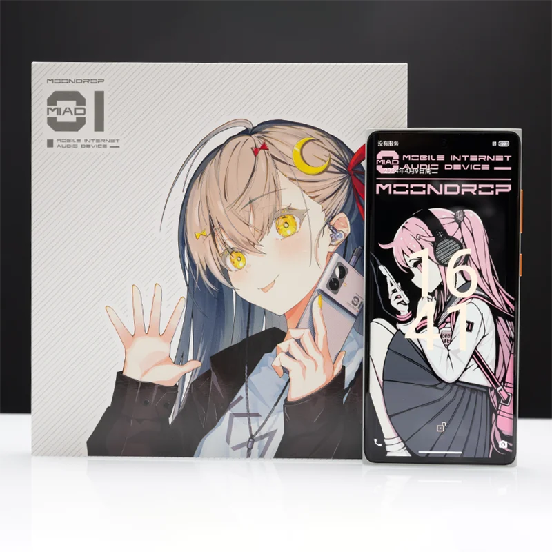 Black moondrop miad01 5g mobile smartphone with silver trim and anime wallpaper beside branded packaging featuring character illustration