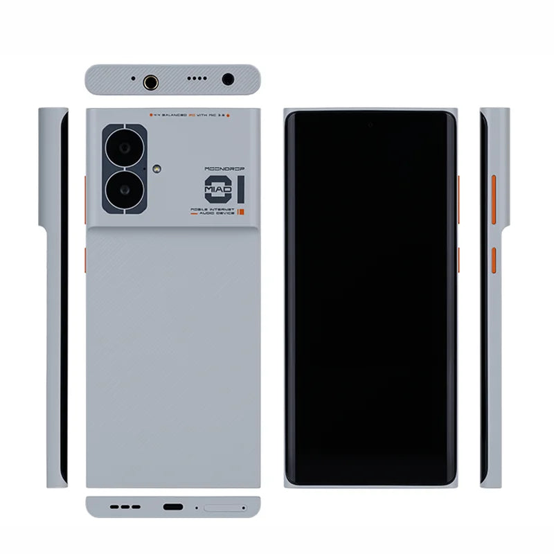 Gray moondrop miad01 5g mobile phone back with dual-camera module and orange accent details for audio device music use