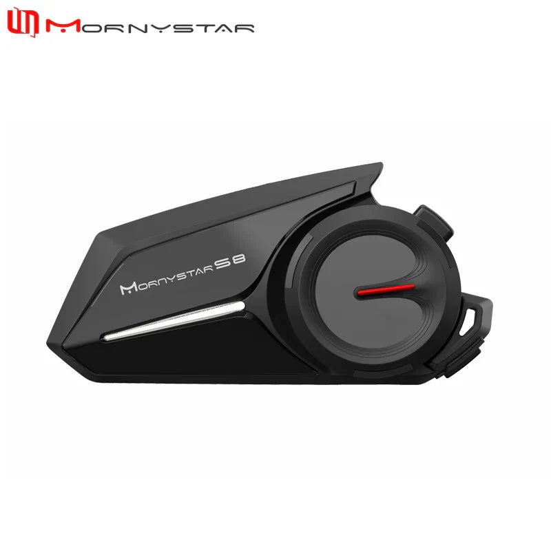 Black mornystar s8 intercom motorcycle helmet headset with red-accented circular control dial and sleek angular design