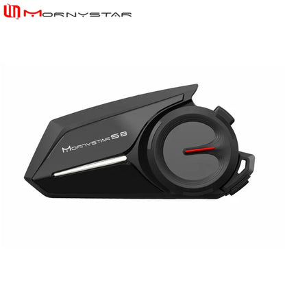 Black mornystar s8 intercom motorcycle helmet headset with red-accented circular control dial and sleek angular design