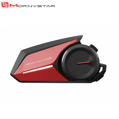 Red and black mornystar s8 intercom motorcycle helmet headset with sleek angular design for up to 6 riders type beat music