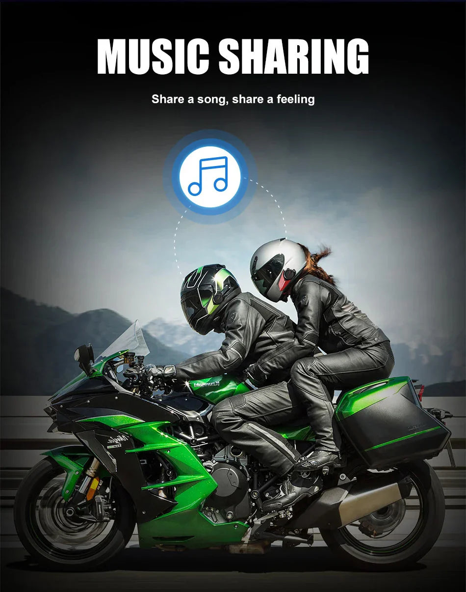 Green and black sport motorcycle with sleek fairing and green accents paired with mornystar s8 intercom headset for music sharing