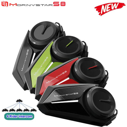 Mornystar s8 intercom motorcycle helmet headset in black green and red with sleek angular design for type beat music sharing