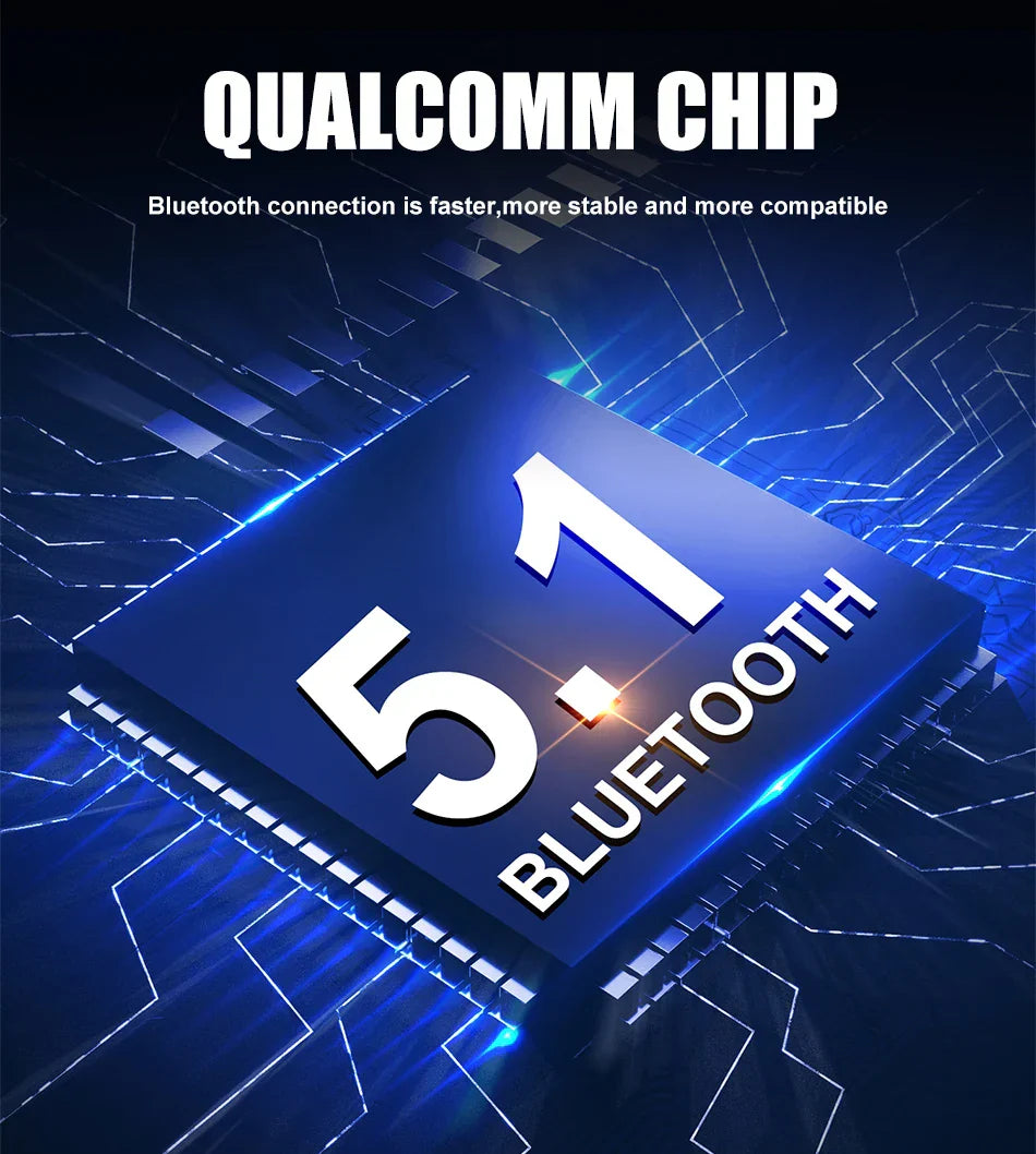 A sleek dark blue qualcomm chip with 5.1 bluetooth text in mornystar s8 intercom motorcycle helmet headset