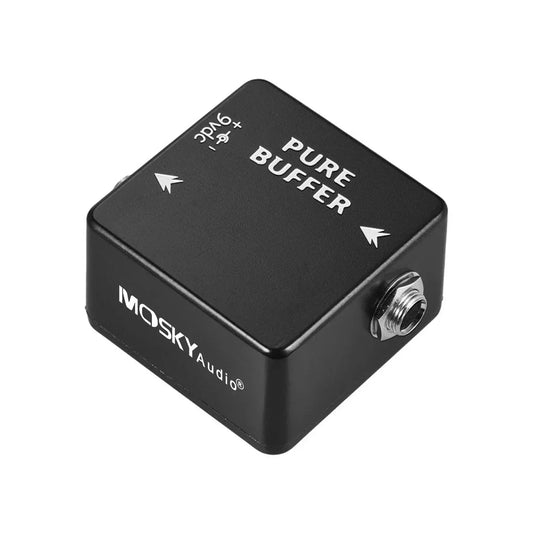 Black mosky audio pure buffer effect pedal with silver input jack and white labeling full metal shell design