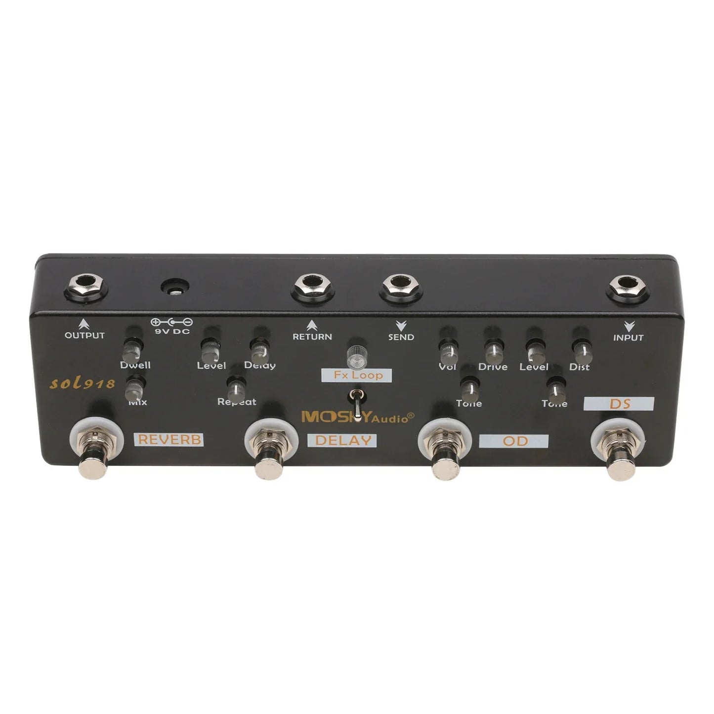 Black mosky audio sol918 guitar pedal with distortion overdrive delay reverb effect knobs and bypass metal shell design