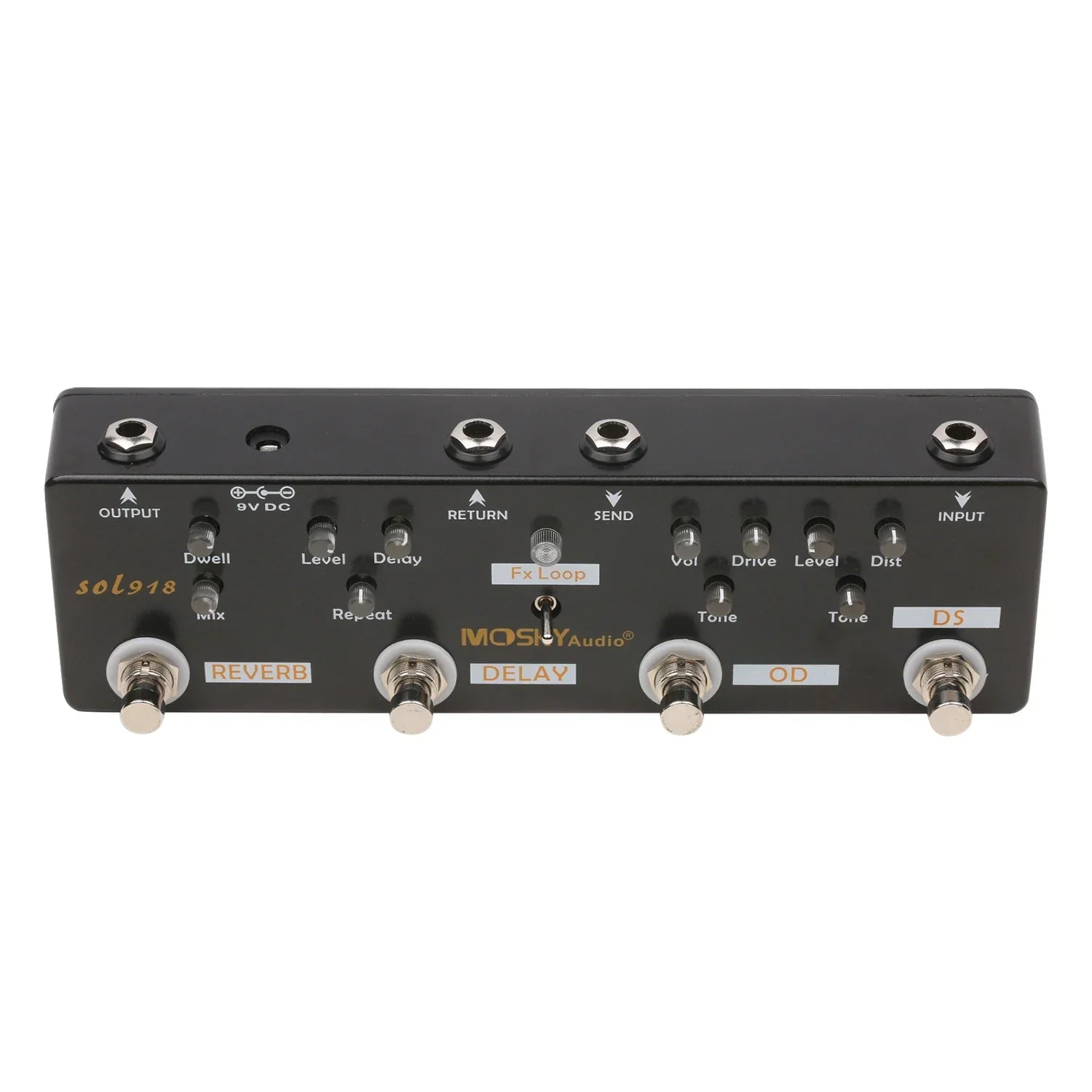 Black mosky audio sol918 guitar pedal with distortion overdrive delay reverb effect knobs and bypass metal shell design