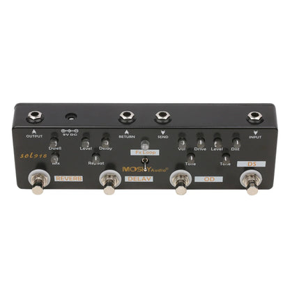 Black mosky audio sol918 guitar pedal with distortion overdrive delay reverb effect knobs and bypass metal shell design