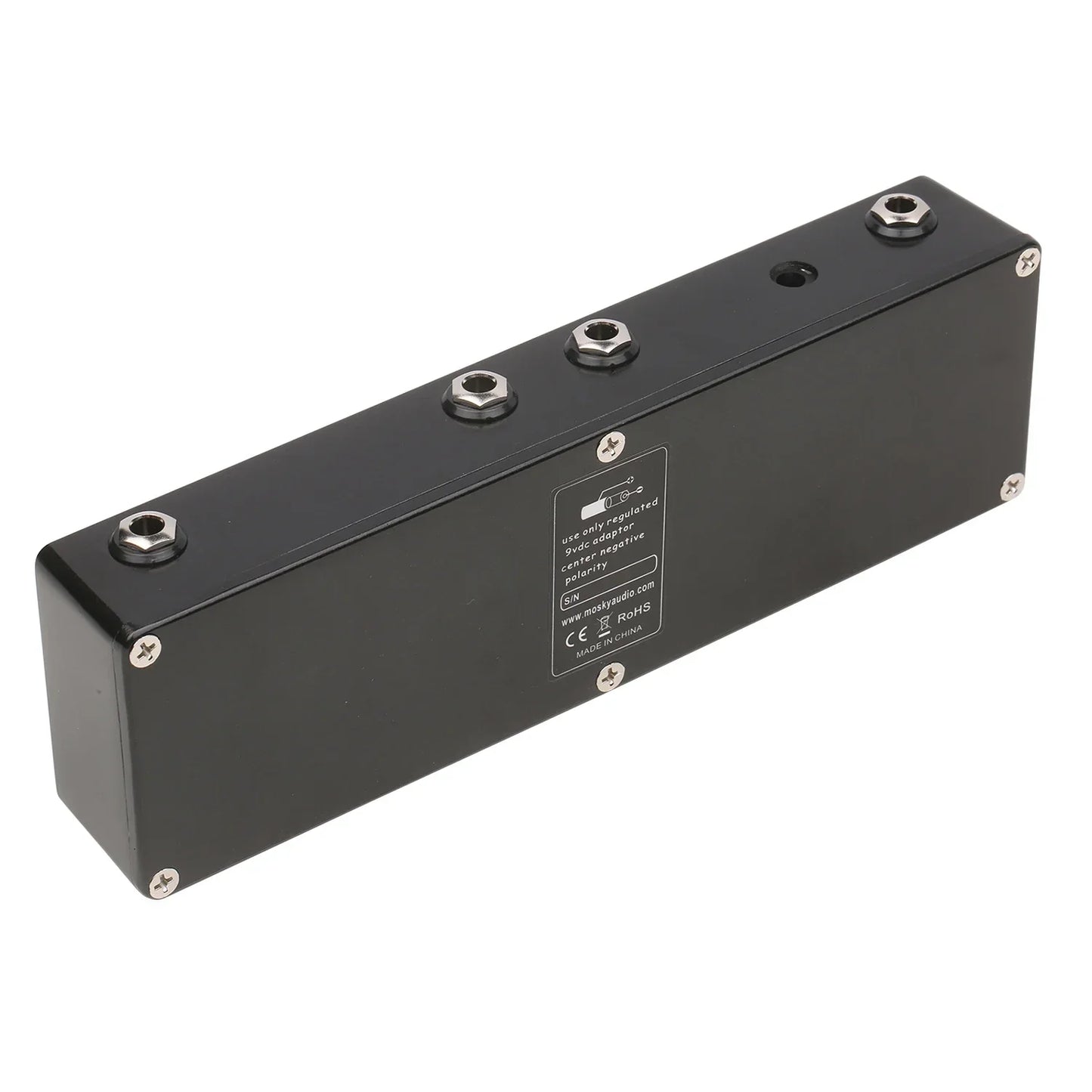 Black rectangular metal power supply unit with hex screws and specs label for mosky audio sol918 bypass metal shell pedal