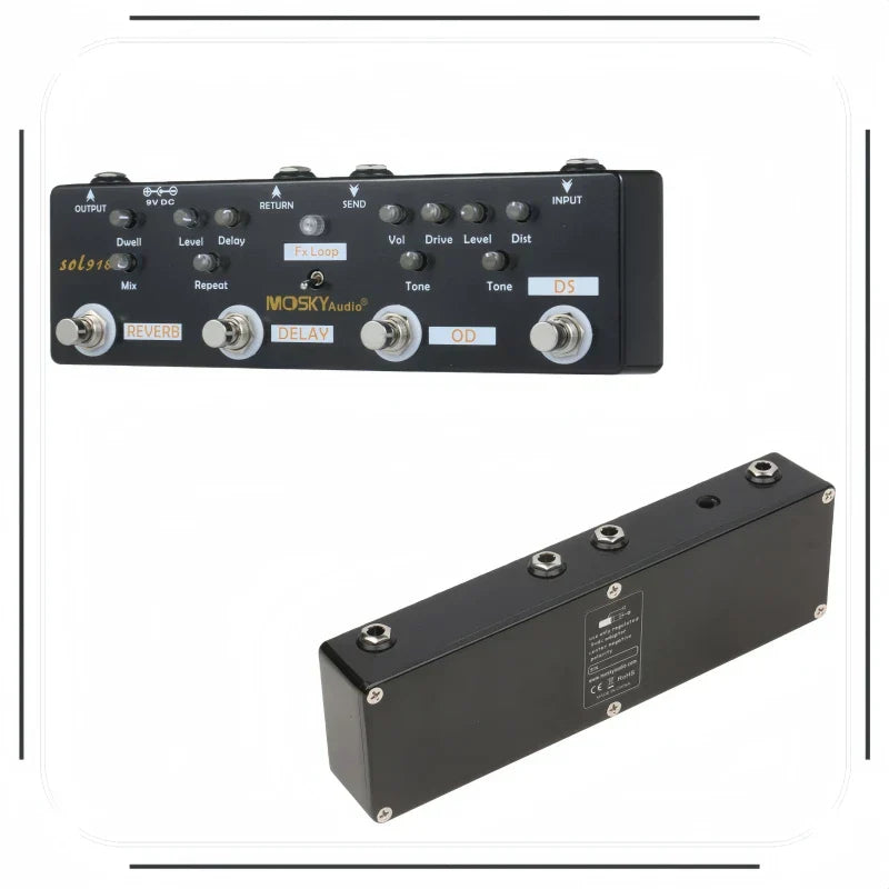 Black mosky audio sol918 pedalboard with silver knobs distortion overdrive delay effects and bypass metal shell controls