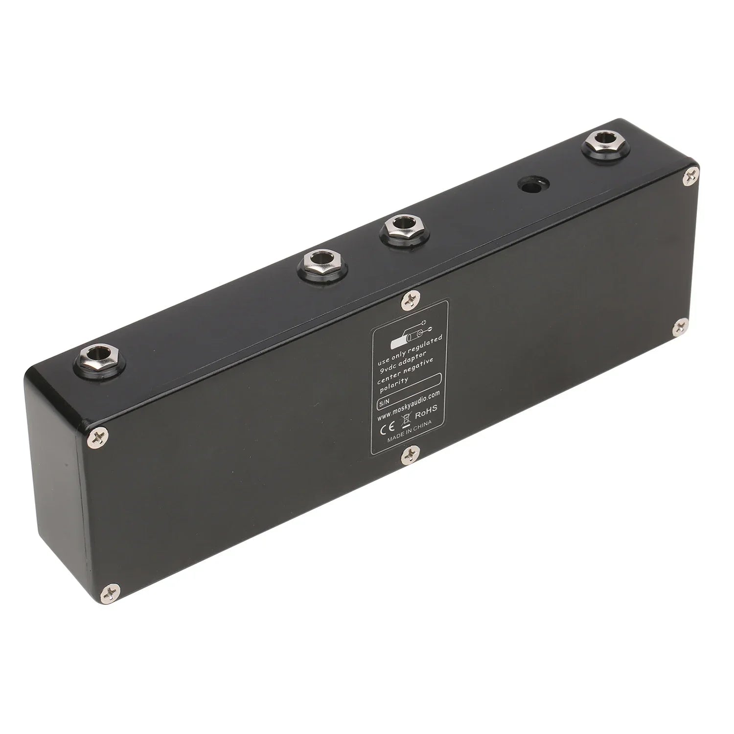 Black rectangular metal power supply unit with four hex screws and label for mosky audio sol918 distortion overdrive delay pedal