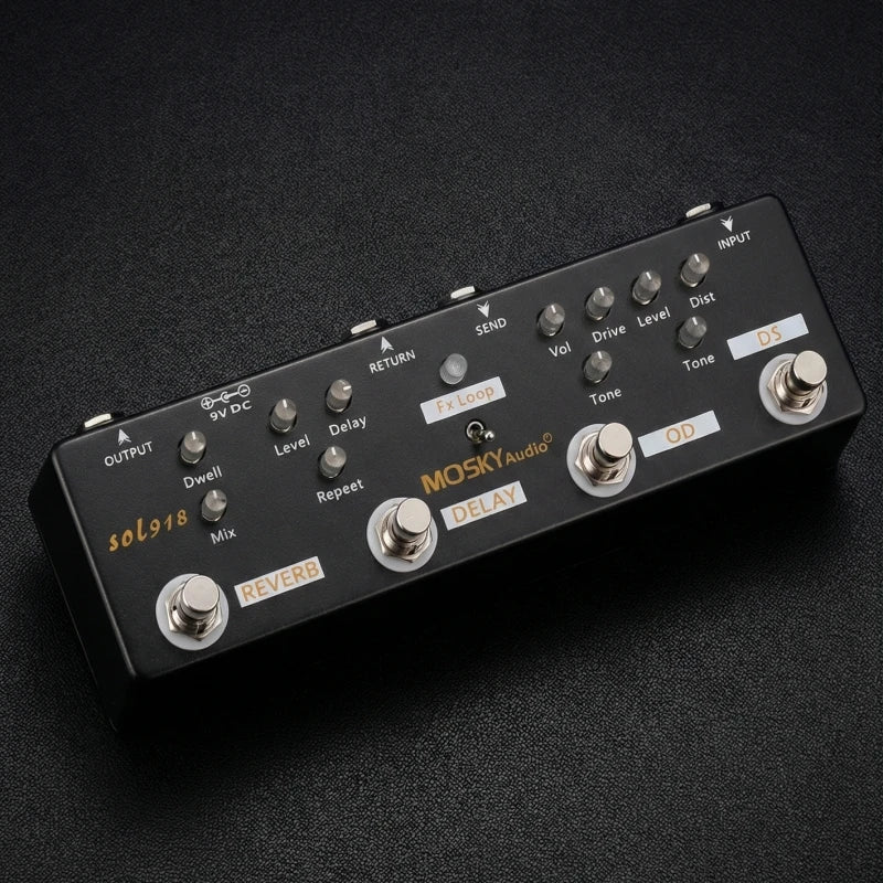 Black mosky audio sol918 guitar effects pedal metal shell with silver knobs featuring distortion overdrive delay reverb functions