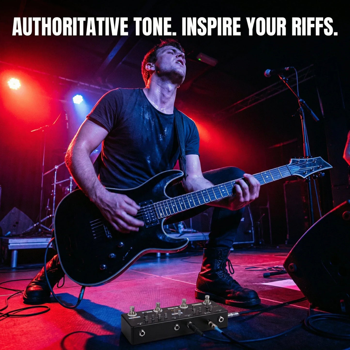 Black electric guitar with glossy finish displayed with mosky audio sol918 distortion overdrive delay reverb effects pedal