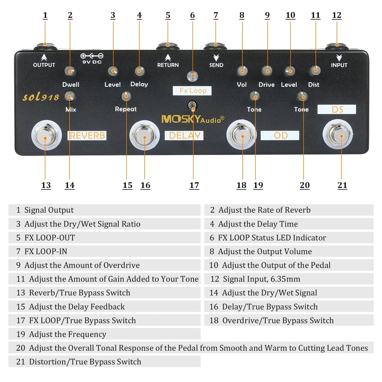 Black mosky audio sol918 guitar effects pedal with silver knobs featuring distortion overdrive delay and reverb functions