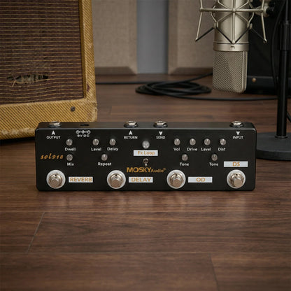 Black mosky audio sol918 guitar multi effects pedal with silver knobs gold lettering featuring distortion overdrive delay effects fx loop