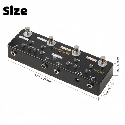 Black rectangular mosky audio sol918 multi effect pedal with silver knobs featuring bass distortion overdrive and loop true bypass metal case