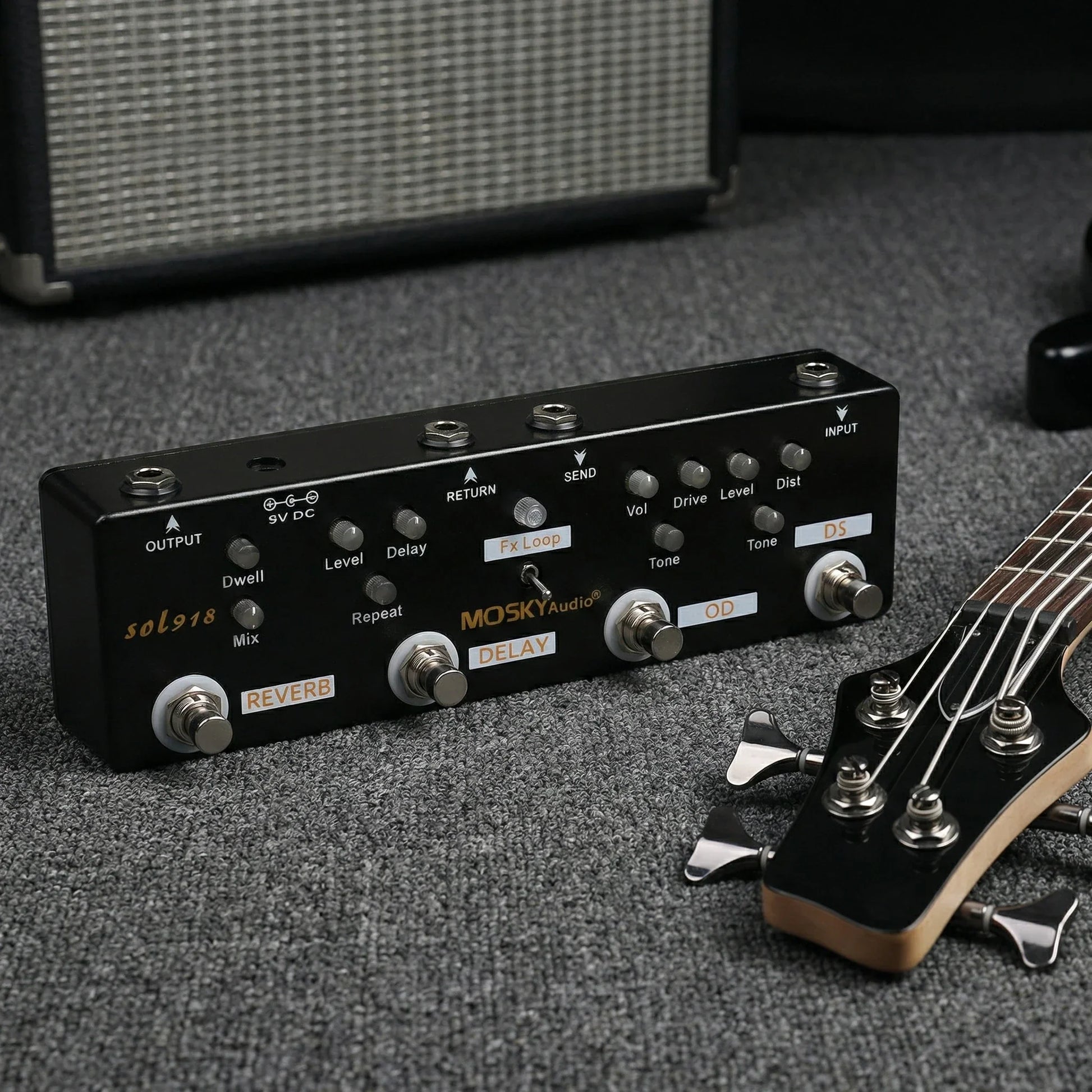 Black mosky audio sol918 multi-effect pedal with silver knobs metal case bass distortion overdrive loop true bypass features