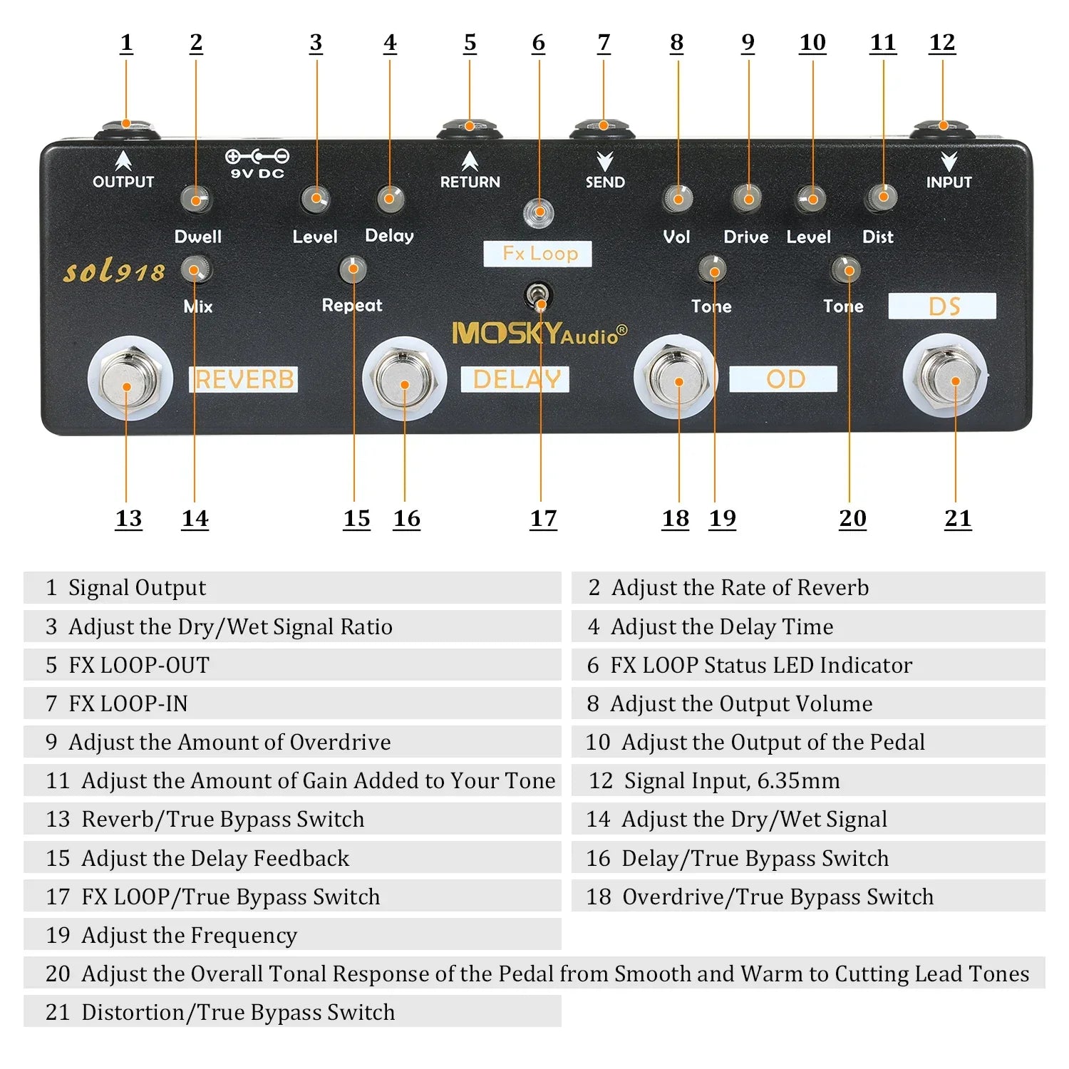 Black mosky audio sol918 multi effect pedal with silver knobs features effects distortion overdrive delay reverb for guitar