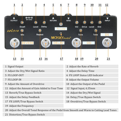 Black mosky audio sol918 multi effect pedal with silver knobs features effects distortion overdrive delay reverb for guitar