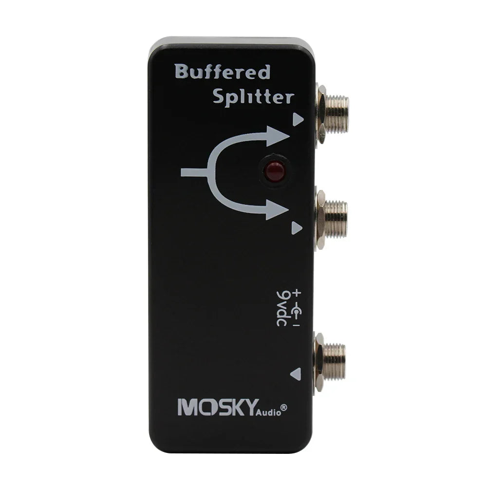 Black mosky buffered splitter pedal with silver RCA connectors and red indicator light for dual-amp setup guitar accessories