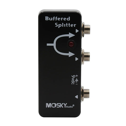 Black mosky buffered splitter pedal with silver RCA connectors and red indicator light for dual-amp setup guitar accessories
