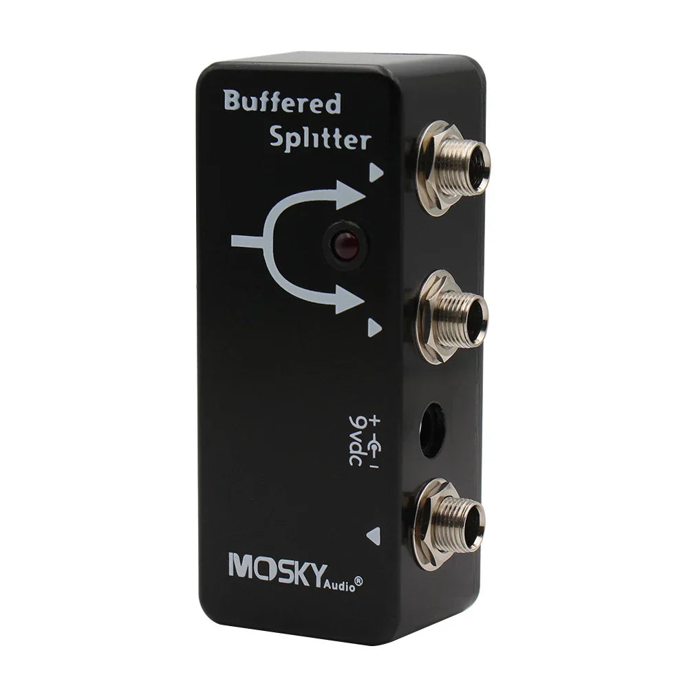 Black mosky buffered splitter pedal with three silver rca jacks and red led indicator for dual-amp setup