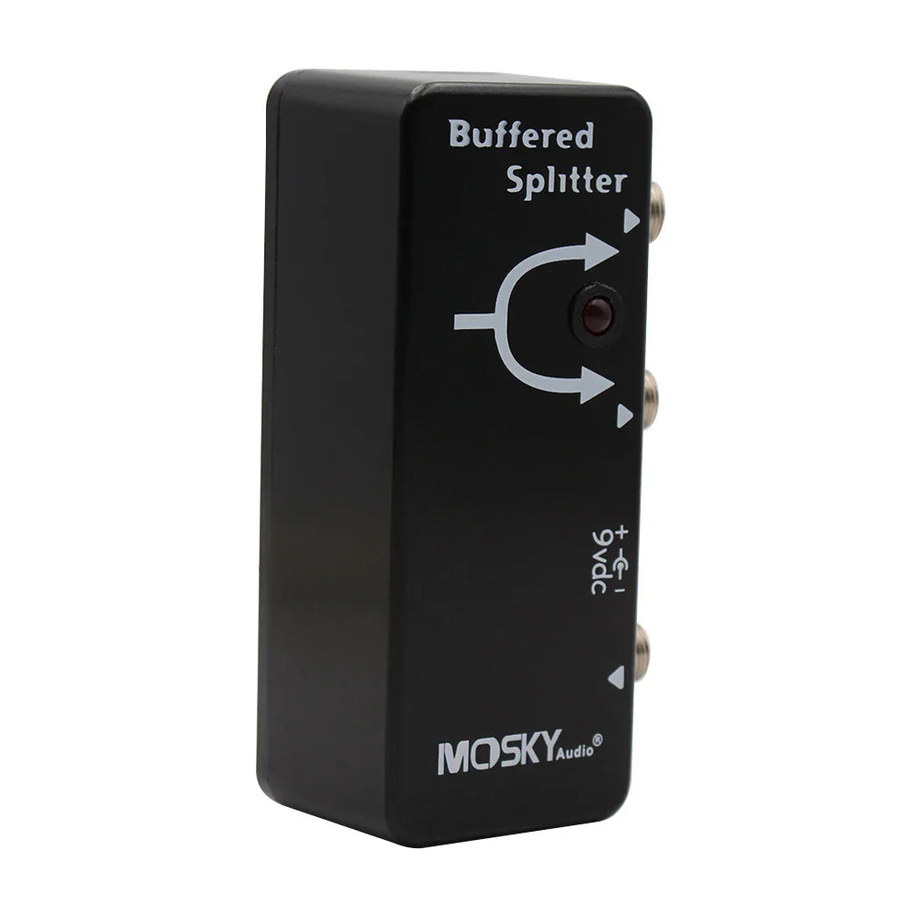 Black mosky buffered splitter pedal with silver rca connectors and red led indicator for dual-amp setup
