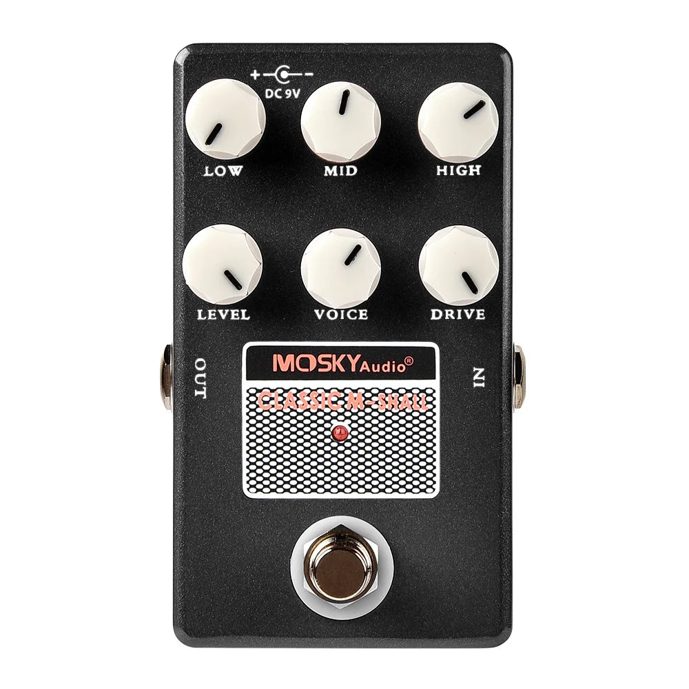 Black mosky classic m-shall amp simulator guitar pedal with six white knobs silver footswitch and speaker simulation