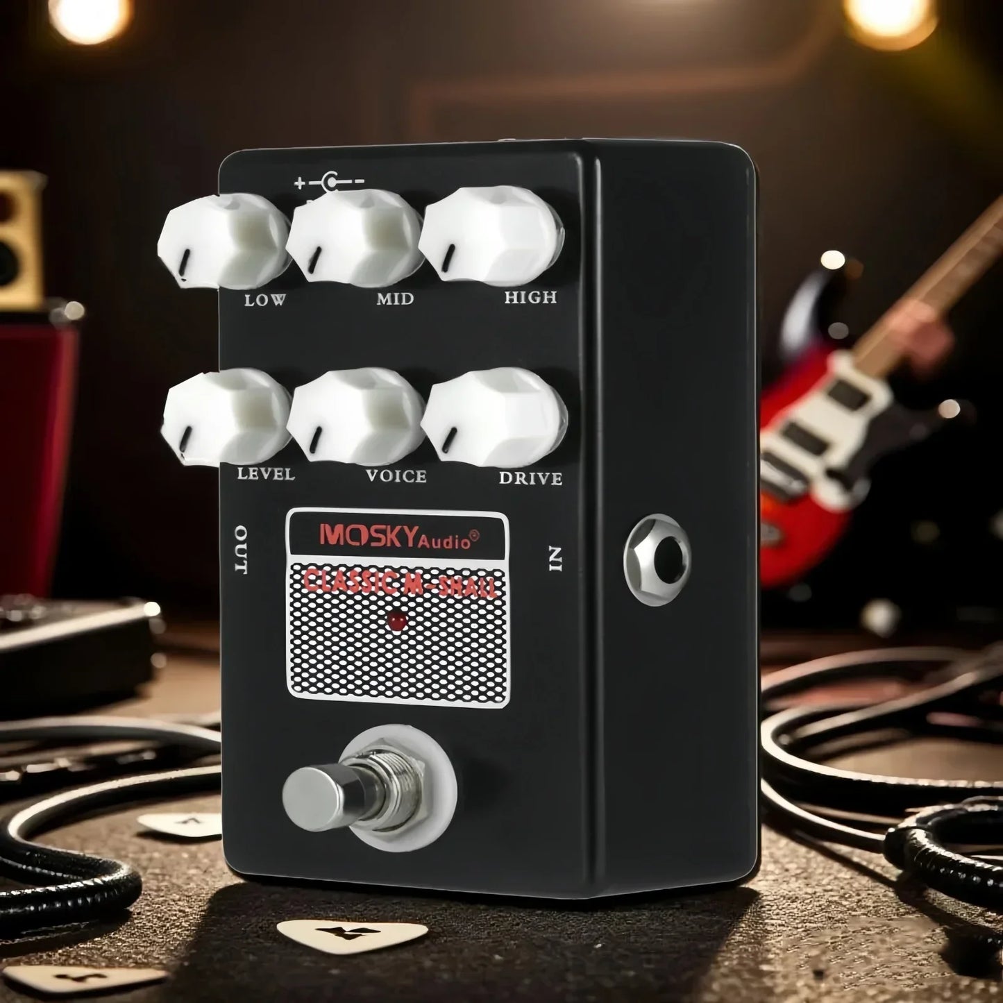 Black mosky classic m-shall amp simulator guitar pedal with white knobs silver footswitch and speaker simulation features