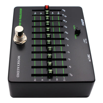 Black mosky clean booster ten band eq guitar pedal with green-lit faders true bypass and silver footswitch