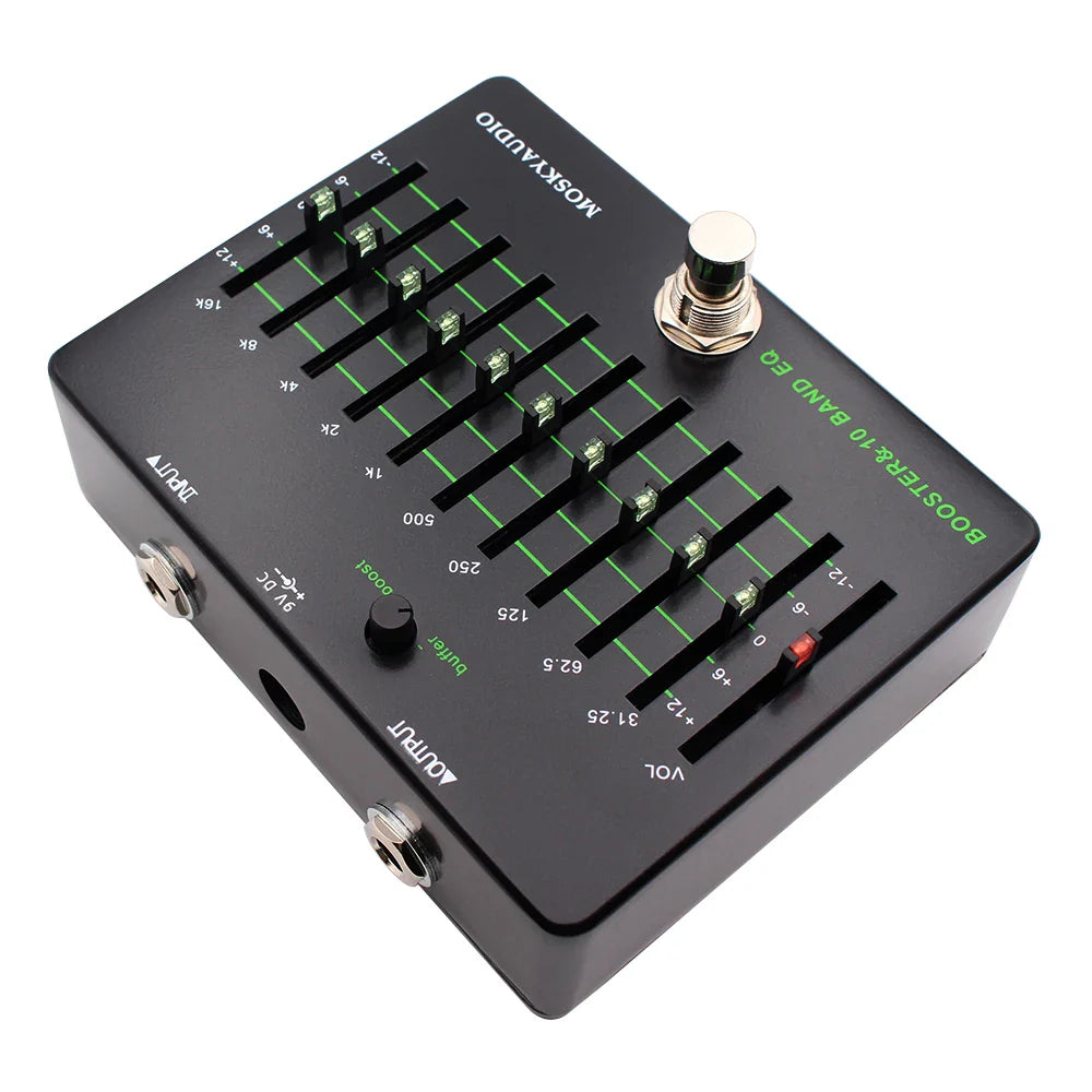 Black mosky clean booster 10 band eq guitar effect pedal with green sliders and silver footswitch true bypass design