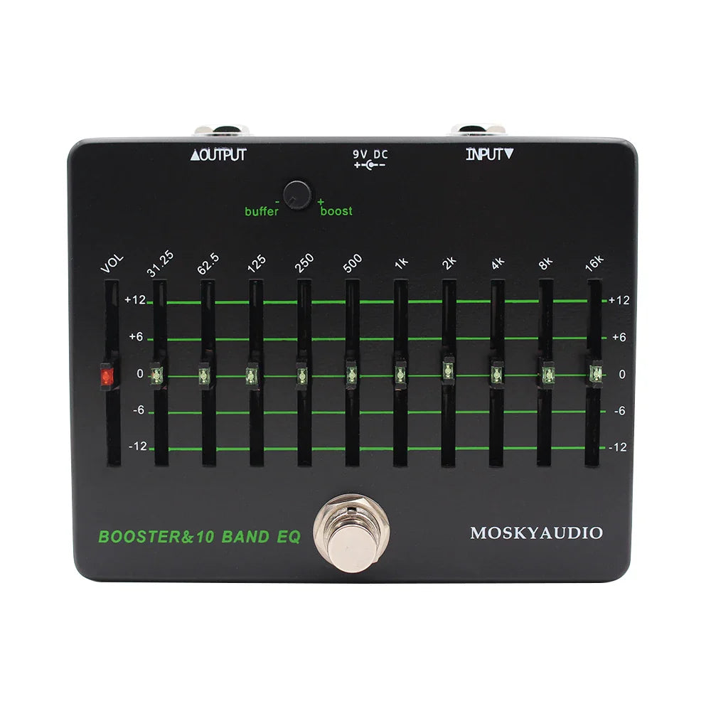Black moskyaudio clean booster 10 band eq effect pedal with true bypass and green-lit knobs for guitar use