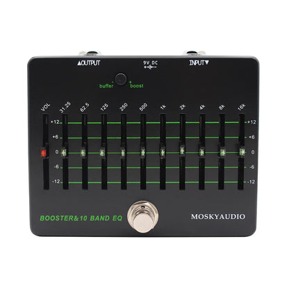 Black moskyaudio clean booster 10 band eq effect pedal with true bypass and green-lit knobs for guitar use