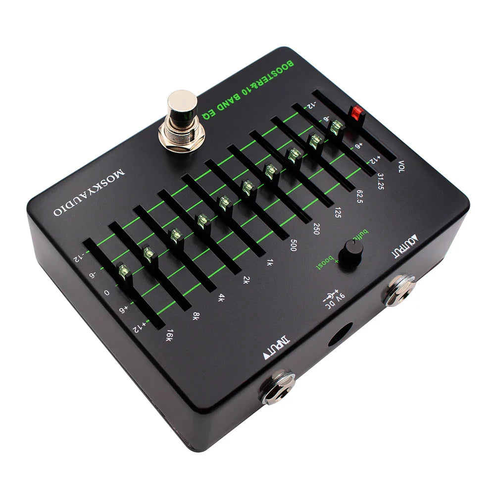 Black mosky clean booster ten band eq effect pedal with green-lit sliders and true bypass silver footswitch