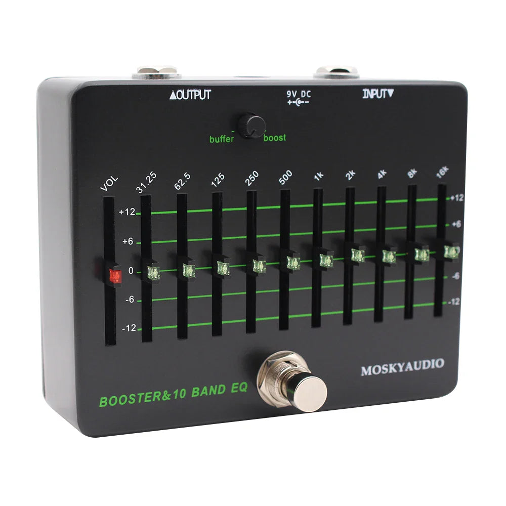 Black mosky clean booster 10 band eq effect pedal with green illuminated sliders and silver footswitch true bypass