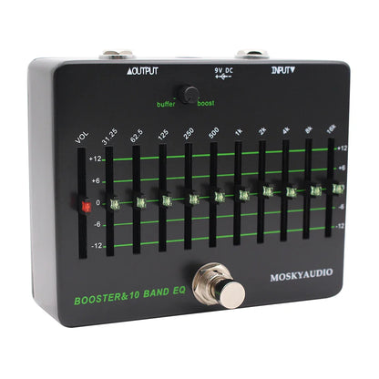 Black mosky clean booster 10 band eq effect pedal with green illuminated sliders and silver footswitch true bypass